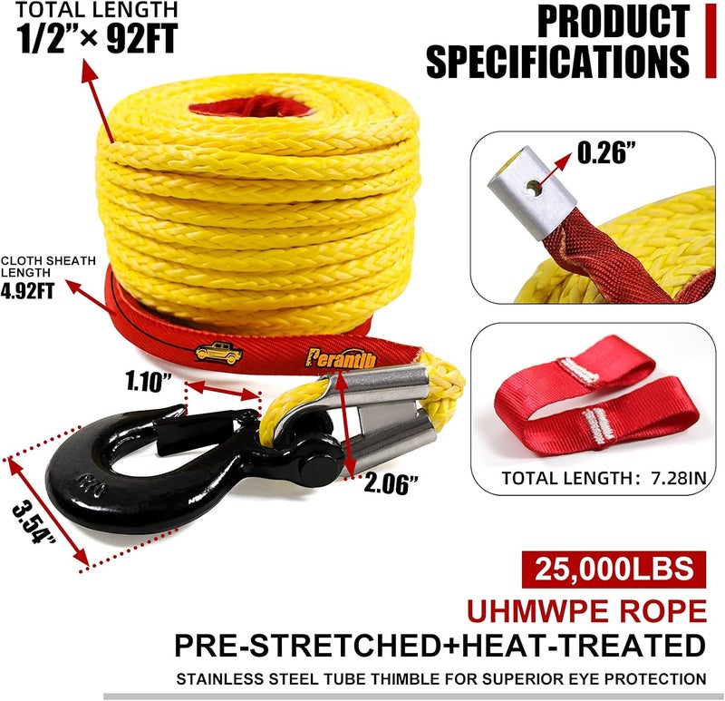 Perantlb Synthetic Winch Rope 1/2" x 92'-25000 lbs Winch Line with Protective Sleeve,Forged Winch Hook,Safety Pull Strap go for 4WD Road Vehicle Truck SUV ATV UTV（Yellow）… - Image 3
